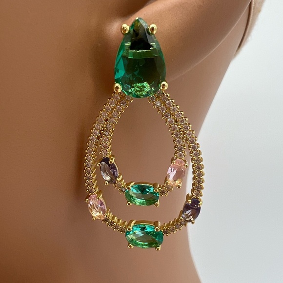 Jewelry - Mint Pink CZ Double Hoop Gold Earrings